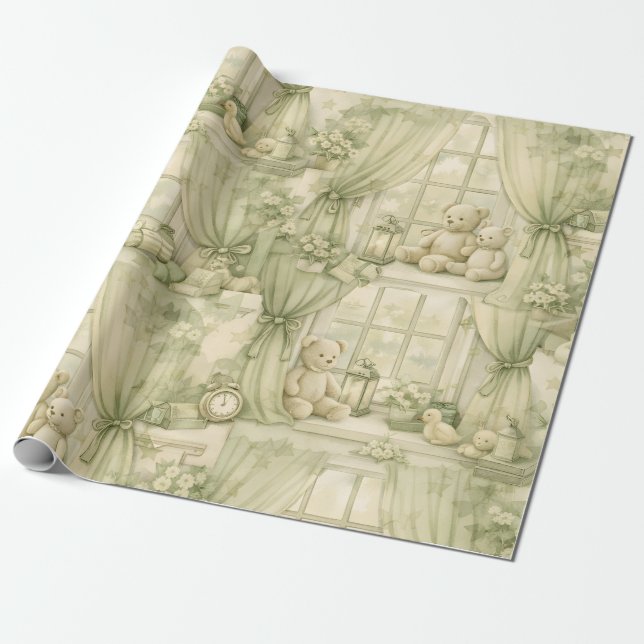 Neutral Nursery Teddy Bear Room Beige Pattern (2) Wrapping Paper (Unrolled)