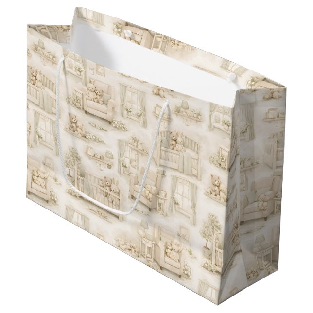 Neutral Nursery Teddy Bear Room Beige Pattern Large Gift Bag (Front Angled)