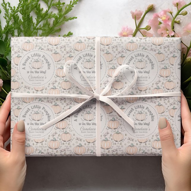 Neutral Orange & Cream Little Pumpkin Baby Shower Wrapping Paper (Gender Neutral Orange & Cream Sweet Little Pumpkin Halloween & Fall Baby Shower Wrapping Paper.  )
