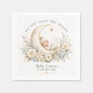 Neutral Over the Moon Baby Shower with Custom Name Napkin