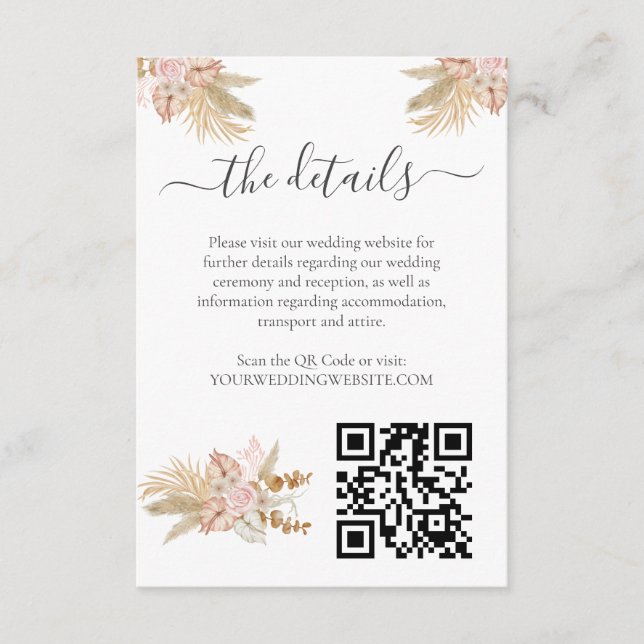 Neutral Palm and Pampas Flower Decor Wedding Enclosure Card (Front)