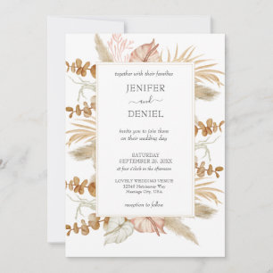 Neutral Palm and Pampas Flower Decor Wedding Invitation