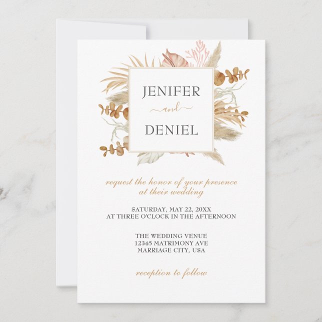 Neutral Palm and Pampas Flower Decor Wedding Invitation (Front)