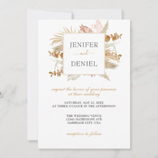 Neutral Palm and Pampas Flower Decor Wedding Invitation