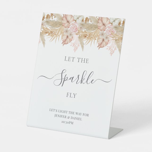 Neutral Palm and Pampas Flower Decor Wedding Pedestal Sign (Front)