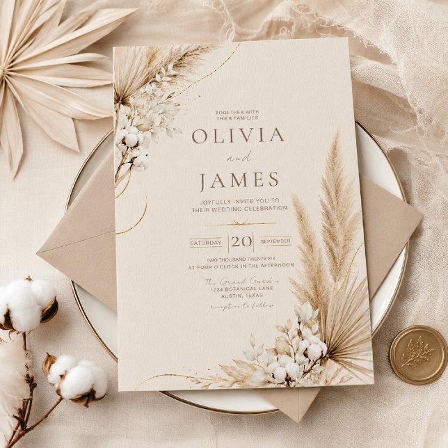 Neutral Pampas Elegance Boho Wedding Invitation (Creator Uploaded)