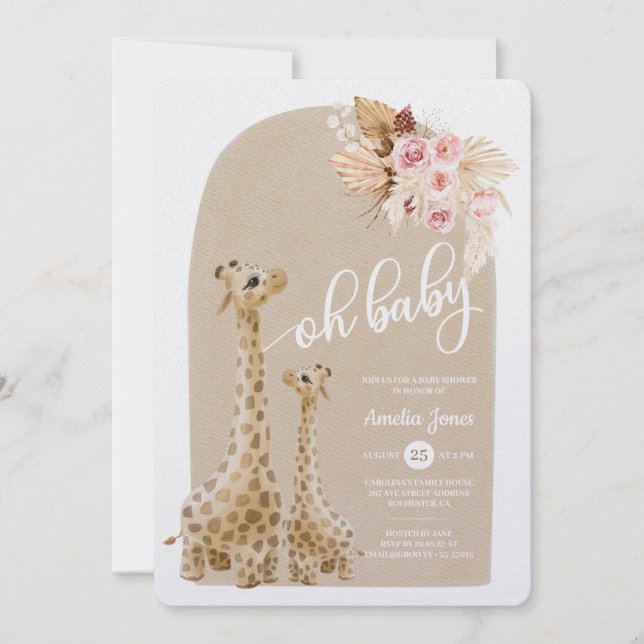 Neutral Pampas Grass Giraffe Baby Shower  Invitati Invitation (Front)