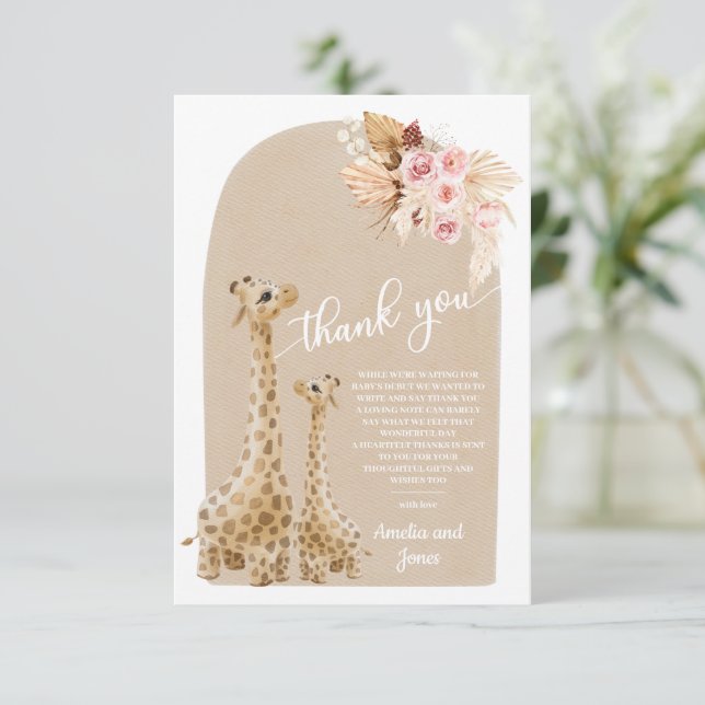 Neutral Pampas Grass Giraffe Baby Shower  Thank You Card (Standing Front)