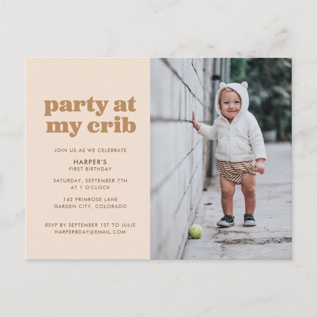 Neutral Party at My Crib 1st Birthday Party Invita Postcard (Front)