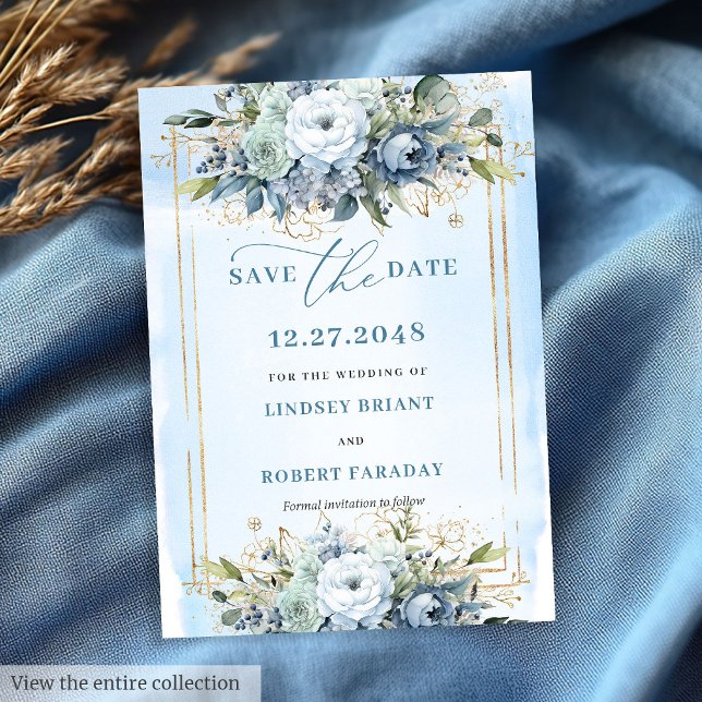 Neutral Pastel Blue White Gold Flowers Save Date Invitation (Neutral Pastel Blue White Gold Flowers Save The Date)