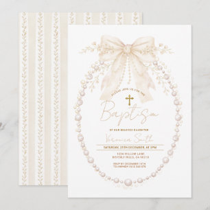 Neutral Pearl Oval Watercolor Girl Christening Invitation