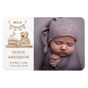 Neutral Photo Birth Announcement   Boho Teddy Bear Magnet