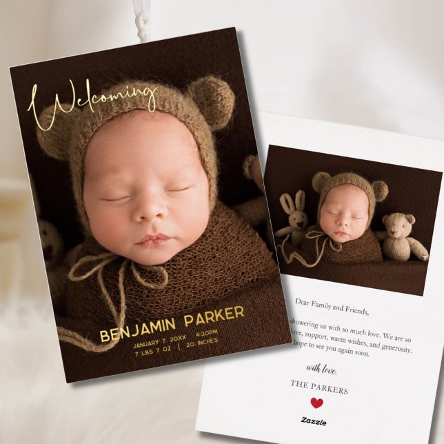 Neutral Photo Birth Announcement with Gold Script (Creator Uploaded)
