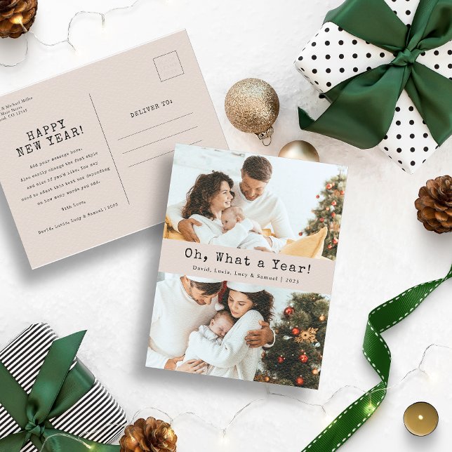 Neutral Photo Holiday Postcard (Oh, What a Year Christmas Holiday Tan and Black Postcard)