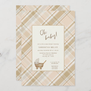 Neutral Plaid baby carriage  Invitation