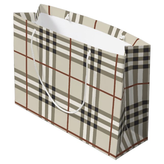 Neutral Plaid Cosy Classic Pattern Large Gift Bag (Back Angled)