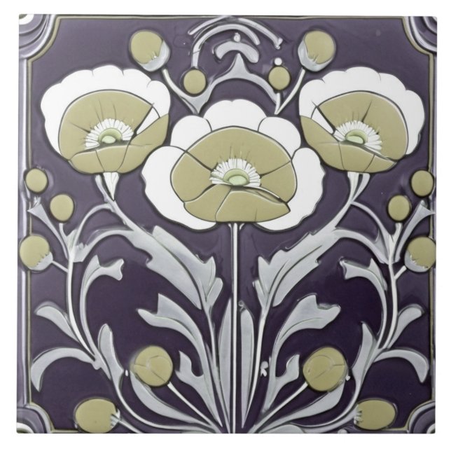 Neutral Poppies Poppy Flower Art Nouveau Deco Folk Ceramic Tile (Front)