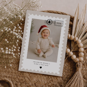 Neutral Postage Stamp Baby's 1st Christmas Photo Holiday Card
