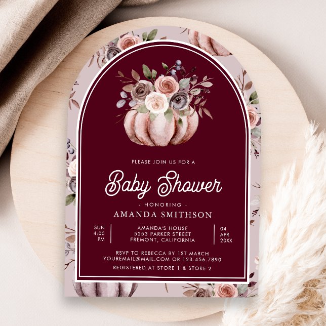 Neutral Pumpkin Floral Arch Burgundy Baby Shower Invitation (Creator Uploaded)