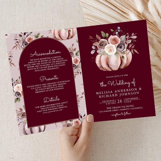 Neutral Pumpkin Floral QR Code Burgundy Wedding Invitation (Creator Uploaded)
