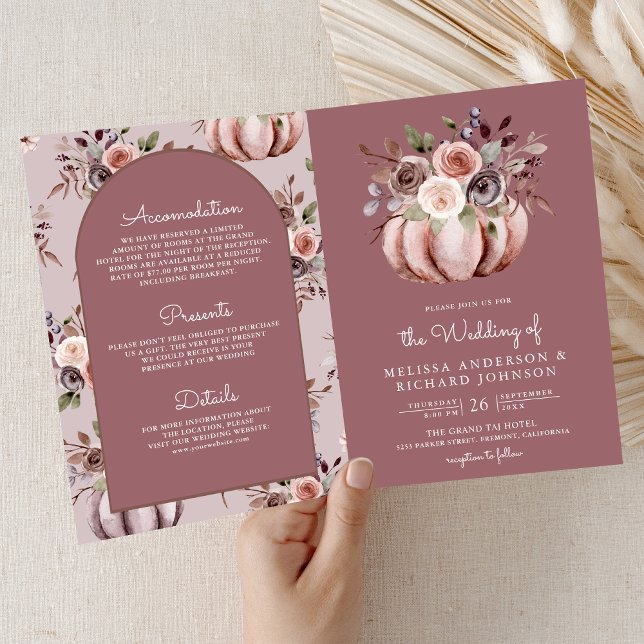 Neutral Pumpkin Floral QR Code Dusty Rose Wedding Invitation (Creator Uploaded)