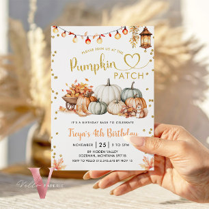 Neutral Pumpkin Patch Gold Glitter Birthday Invitation