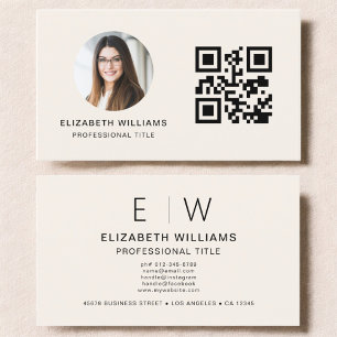 Neutral QR Code Photo Monogram Minimalist Business Card