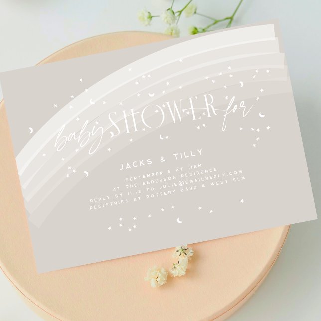Neutral Rainbow and stars White beige Baby Shower Invitation (Creator Uploaded)