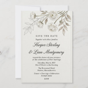Neutral Ranunculus and Botanical Branch Watercolor Invitation