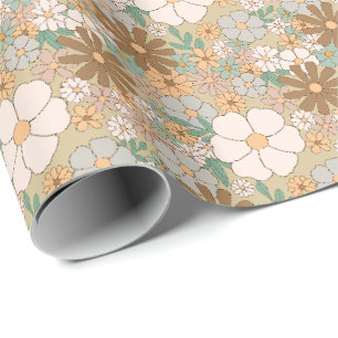 Neutral Retro BOHO Flower Pattern in Earthy Tones Wrapping Paper