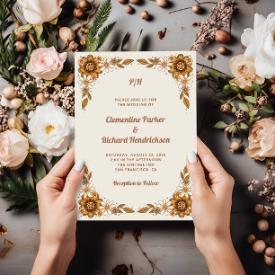 Neutral Retro Flowers   Wedding Invitation