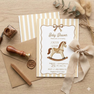 Neutral Rocking Horse Baby Shower Striped Invitation
