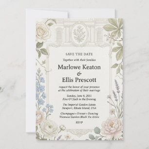 Neutral Roses, Blue Delphinium, Ranunculus, Peonie Invitation