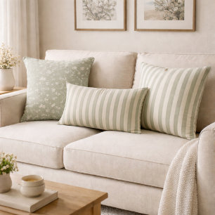 Neutral Rustic Sage Green Stripe Farmhouse Cottage Lumbar Cushion