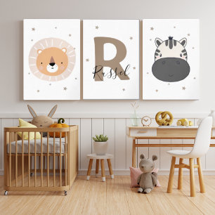 Neutral Safari Nursery Wall Art Set Lion Zebra