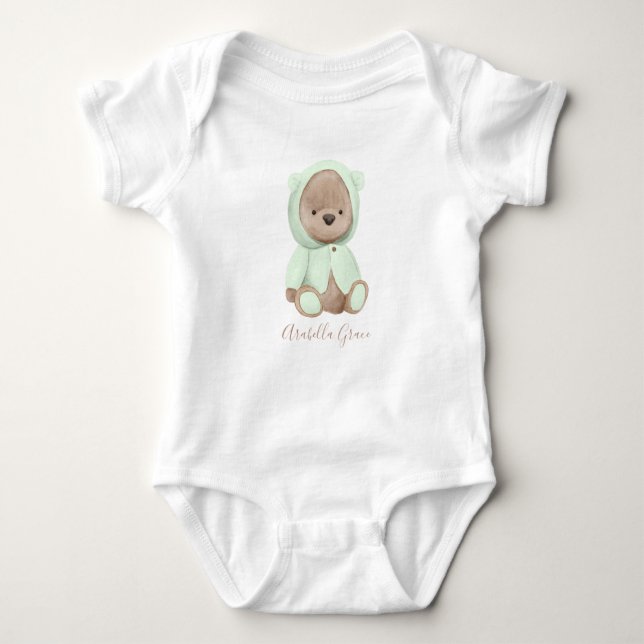 Neutral Sage Green Teddy Bear Personalised Name Baby Bodysuit (Front)