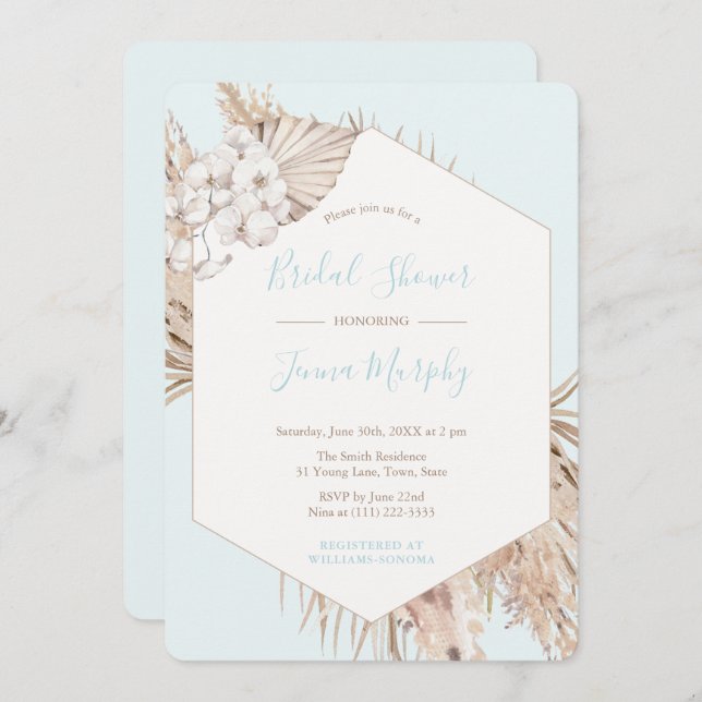 Neutral Sand & Aqua Dried Palm Leaf Bridal Shower Invitation (Front/Back)