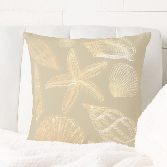 Neutral Sand Tan Beige Seashell Shells Beach House Cushion (Shells starfish beach coastal beige tan sand summer home decor elegant neutral throw pillow)