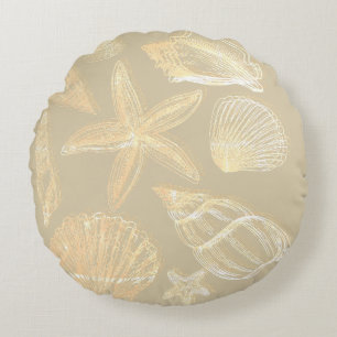 Neutral Sand Tan Beige Seashell Shells Beach House Round Cushion