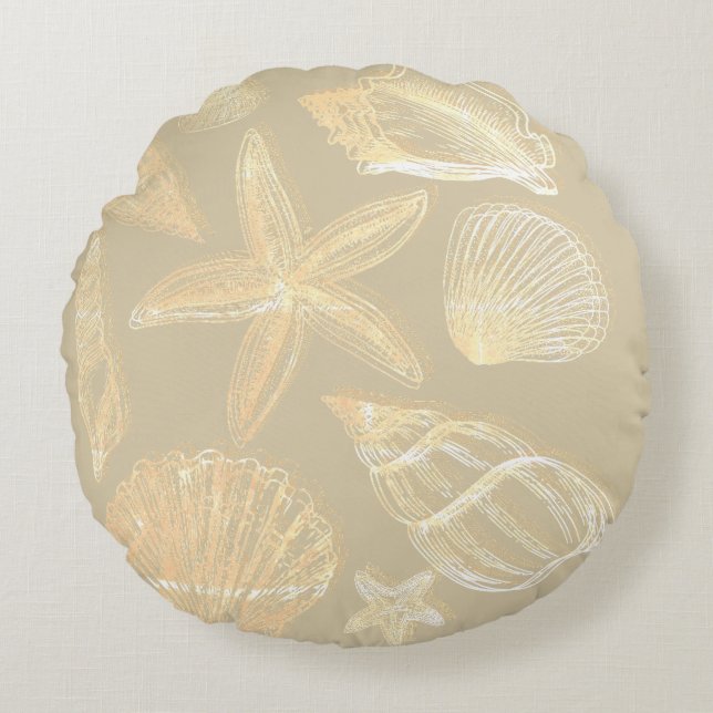 Neutral Sand Tan Beige Seashell Shells Beach House Round Cushion (Front)
