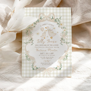 Neutral Silly Goose Beige Bow Gingham Baby Shower Invitation