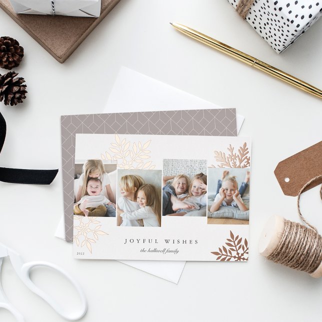 Neutral | Snowdrop 4 Photo Collage Foil Holiday Card (Creator Uploaded)