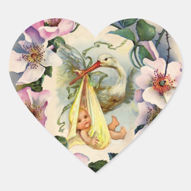 NEUTRAL STORK BABY SHOWER PINK WILD ROSES CROWN HEART STICKER (Front)