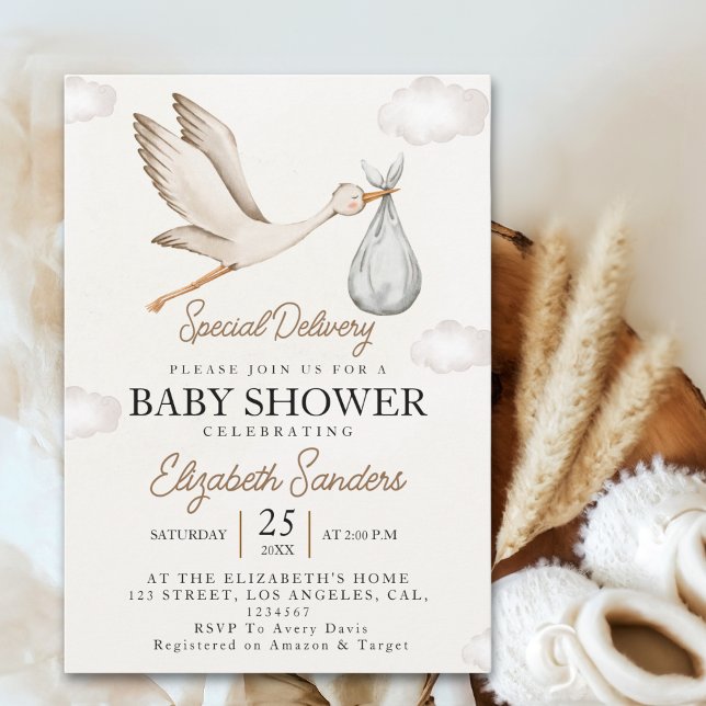 Neutral Stork Baby Shower – Sky with White Stork Invitation (Creator Uploaded)