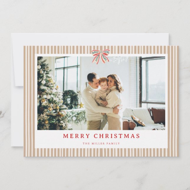 Neutral Stripe Bow Christmas Photo Holiday Card  (Front)