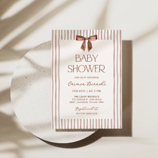 Neutral Striped Bow Baby Shower Invitation