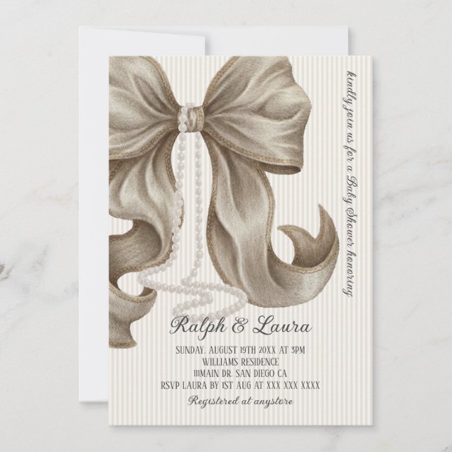 Neutral Striped Bow Girl Baby Shower Invitation (Front)
