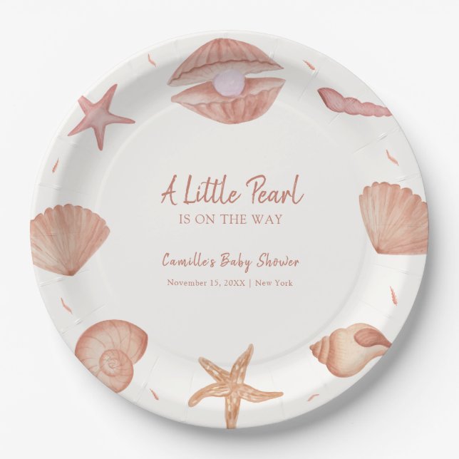 Neutral Summer Ocean Seashell Pearl Baby Shower  Paper Plate (Front)