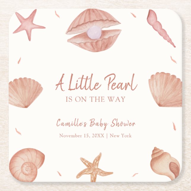 Neutral Summer Ocean Seashell Pearl Baby Shower  Square Paper Coaster (Front)