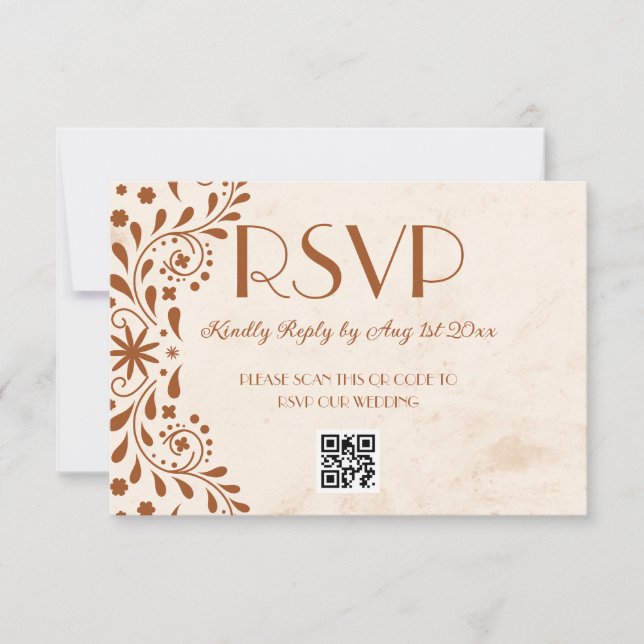 Neutral Talavera Floral Wedding QR code RSVP Card (Front)